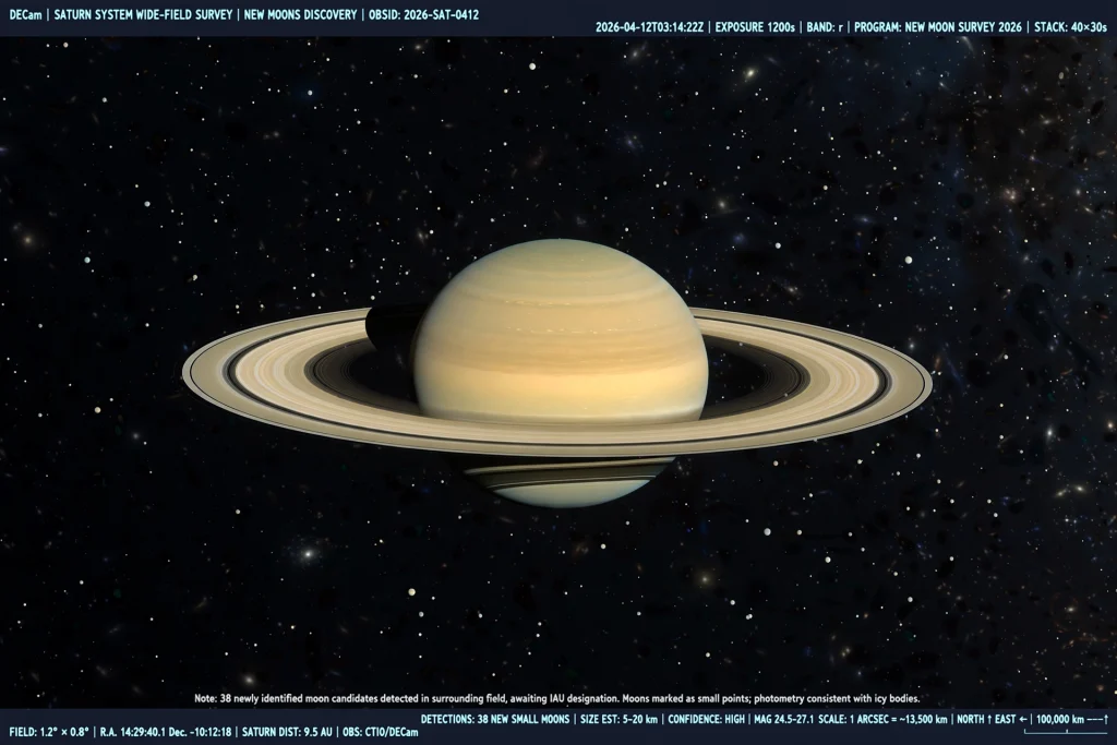 Saturn and its rings surrounded by many small moons in deep space