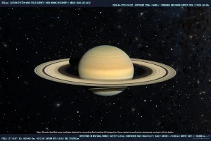 Saturn and its rings surrounded by many small moons in deep space