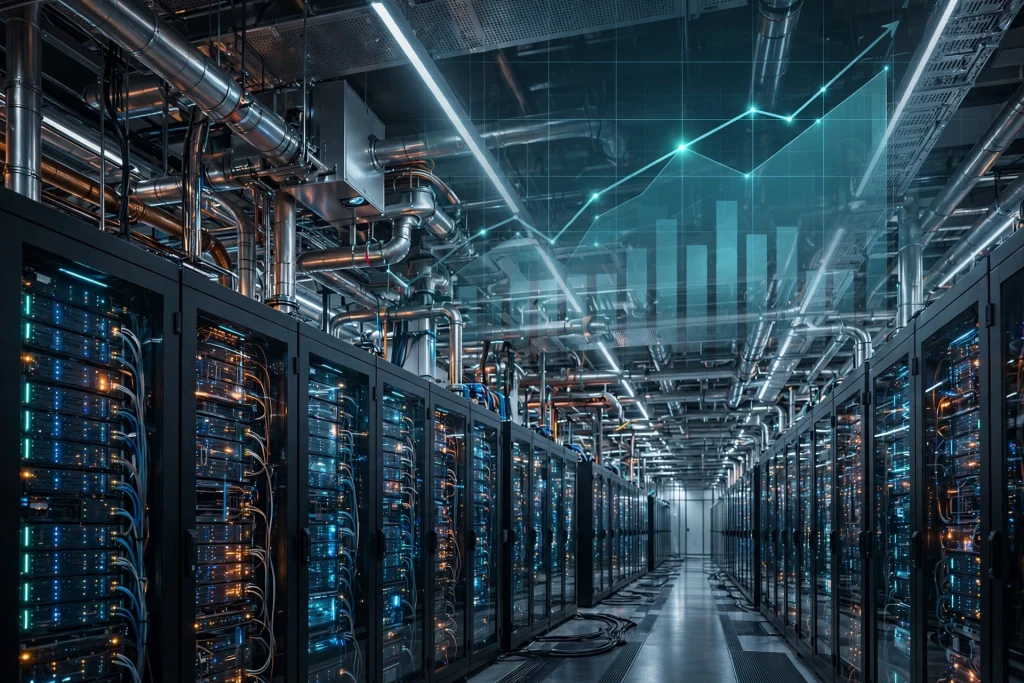 Modern AI data center with rows of glowing servers