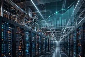 Modern AI data center with rows of glowing servers