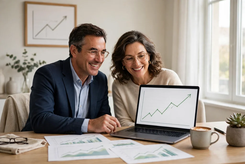 Couple in their fifties reviewing retirement savings charts at home