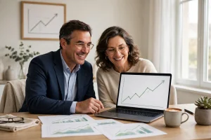 Couple in their fifties reviewing retirement savings charts at home